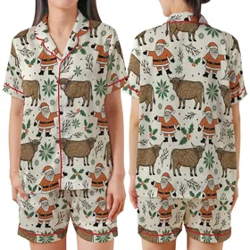 Boho Western Christmas Fans' Rustic Linocut Santa Highland Cow Terracotta Orange Forest Green All-Over Satin Short-Sleeve Pajamas Set