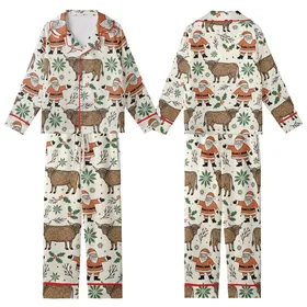 Boho Western Christmas Fans' Rustic Linocut Santa Highland Cow Terracotta Orange Forest Green All-Over Kid Satin Pajamas Set