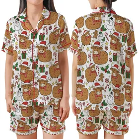 Holiday Animal Lovers' Cute Fluffy Highland Cow Christmas Pattern in Red, Green, Brown Cartoon Style Satin Short-Sleeve Pajamas Set