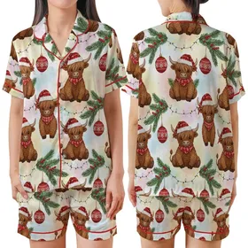 Cow Lover's Christmas Pajama Set: Faux Yarn Knitted Highland Cow & Snowflake Pattern Satin Short-Sleeve Pajamas Set