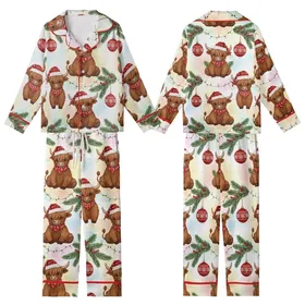 Cow Lover's Christmas Pajama Set: Faux Yarn Knitted Highland Cow & Snowflake Pattern Kid Satin Pajamas Set