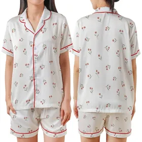 Women's Delicate Muted Floral Sprigs Pattern Silky Short Sleeve Long Pants Pajamas Set Satin Short-Sleeve Pajamas Set