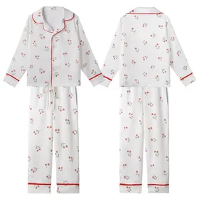 Women's Delicate Muted Floral Sprigs Pattern Silky Short Sleeve Long Pants Pajamas Set Kid Satin Pajamas Set
