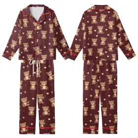 Women's Plus Size Pajamas: Seamless Dark Maroon Teddy Bear, Heart & Star Print Short Sleeve Sleep Set Kid Satin Pajamas Set