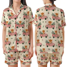 Women's Mooey Christmas Pajamas: Faux Yarn Highland Cow & Pink Truck Sleep Set Satin Short-Sleeve Pajamas Set