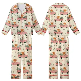 Women's Mooey Christmas Pajamas: Faux Yarn Highland Cow & Pink Truck Sleep Set Kid Satin Pajamas Set