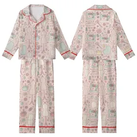 Sewing Enthusiast's Blush Pink Pastel Vintage Sewing Machine Tailoring Tools Kid Satin Pajamas Set