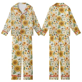 Women's Vintage Boho 60s 70s Sunflower Daisy Honeybee Meadow Silky Kid Satin Pajamas Set
