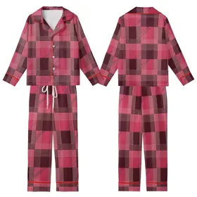 Women's Deep Maroon & Pink Geometric Plaid Satin Short-Sleeve Sleep Set Kid Satin Pajamas Set