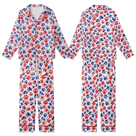 Dog Lover Mom's Scarlet Red Indigo Blue Watercolor Paw Print All-Over Satin Short-Sleeve Pajamas Set Kid Satin Pajamas Set