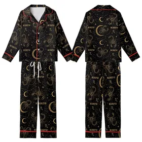 Scorpio Woman's Satin Two-Piece Sleep Set: Gold Celestial Scorpion & Constellation Design Kid Satin Pajamas Set