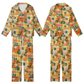 Women's Illustrative Hand-Drawn Orange Fruit & Tropical Botanical Geometric Kid Satin Pajamas Set