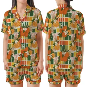 Women's Illustrative Hand-Drawn Orange Fruit & Tropical Botanical Geometric Satin Short-Sleeve Pajamas Set