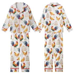 Countryside Living Rooster & Hen Watercolor Pattern: Vibrant Woven Cages Design - Loungewear Item Kid Satin Pajamas Set
