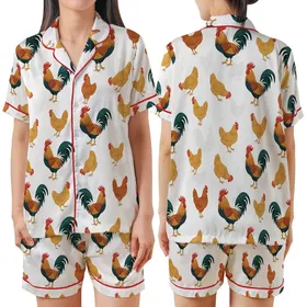 Farmhouse Charm: Vibrant Storybook Roosters, Pecking Hens, Red Combs & Teal Tails  Garment Kid Satin Pajamas Set