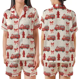 Whimsical Vintage Red Fire Truck Hydrant Watercolor Bows Wearable Item Satin Short-Sleeve Pajamas Set