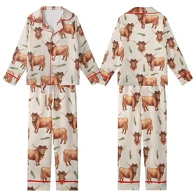 Highland Cow Christmas: Cozy Watercolor Rustic Wreath & Plaid Bows Festive Motif Kid Satin Pajamas Set