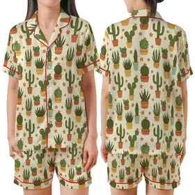 Women's Plant Lover Potted Cactus Succulent Creamy Yellow Satin Short-Sleeve Sleep Set Satin Short-Sleeve Pajamas Set