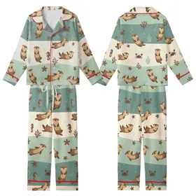Otter Lover's Whimsical Ocean Otters Scene: Cream, Seafoam & Teal Wearable Design Kid Satin Pajamas Set