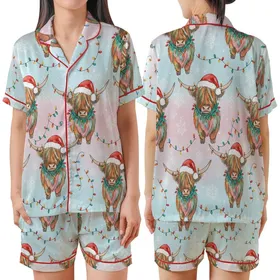 Festive Fluffy Highland Cow Calf: Whimsical Watercolor Art, Santa Hat, Teal Garland, Colorful String Lights & Snowflakes Design Satin Short-Sleeve Pajamas Set