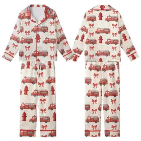 Whimsical Vintage Red Fire Truck Hydrant Watercolor Bows Wearable Item Kid Satin Pajamas Set