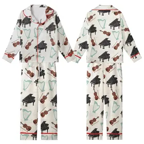 Music Lover's Whimsical Black Grand Piano Brown Violin Teal Harp Musical Notes Design Kid Satin Pajamas Set