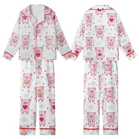 Whimsical Dreamer's Pastel Piglets Flying, Donut Munching, Sleeping & Heart Pattern Fashion Garment Kid Satin Pajamas Set