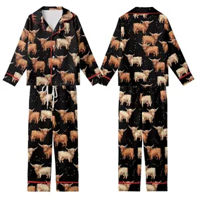 Highland Cow Christmas: Shaggy Watercolor Cows, Multi-Color Lights, Black Background - Festive Wearable Kid Satin Pajamas Set