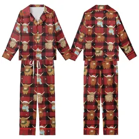 Festive Highland Cow Lovers: Buffalo Plaid Winter Scene with Santa Hats & Holly Holiday Fabric Print Kid Satin Pajamas Set