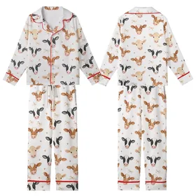 Women's Charming Watercolor Cow Heads, Tan Bows & Burnt Orange Plus Signs Seamless Rustic Kid Satin Pajamas Set