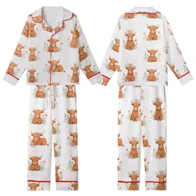 Highland Cow Design: Gentle Wildflower Pattern - Caramel Shaggy Calves Wearable Art Kid Satin Pajamas Set