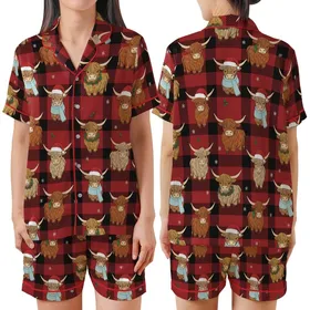 Festive Highland Cow Lovers: Buffalo Plaid Winter Scene with Santa Hats & Holly Holiday Fabric Print Satin Short-Sleeve Pajamas Set