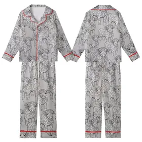 Highland Calf Lovers' Black & White Fluffy Calves All-Over Pattern - Serene Line Art Wearable Kid Satin Pajamas Set