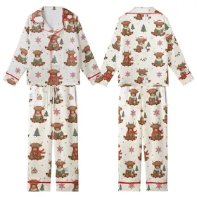 Highland Cow Lover's Cozy Winter Pattern: Whimsical Cows, Snowmen & Gingerbread Fun Kid Satin Pajamas Set