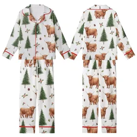 Highland Cow Lover's: Whimsical Watercolor Pine Forest Pattern with Red Holly Berries Kid Satin Pajamas Set