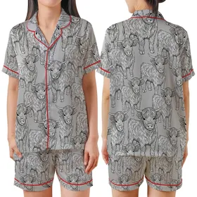 Highland Calf Lovers' Black & White Fluffy Calves All-Over Pattern - Serene Line Art Wearable Satin Short-Sleeve Pajamas Set