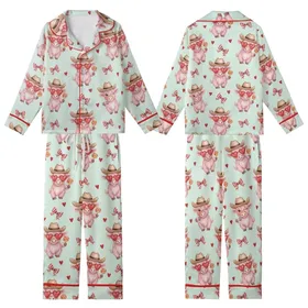 Women's Whimsical Dusty Rose Watercolor Highland Cows with Cowboy Hats & Red Heart Sunglasses, Mint Green Gingham Plaid Kid Satin Pajamas Set