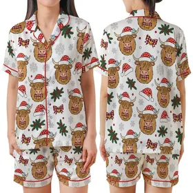 Whimsical Highland Cow Christmas Design: Festive Santa Hats, Bells & Snowflakes Satin Short-Sleeve Pajamas Set