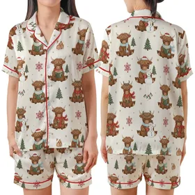 Highland Cow Lover's Cozy Winter Pattern: Whimsical Cows, Snowmen & Gingerbread Fun Satin Short-Sleeve Pajamas Set