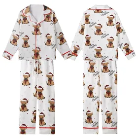 Women's Rustic Festive Highland Cow Buffalo Plaid Santa Hat & Snowflake Kid Satin Pajamas Set