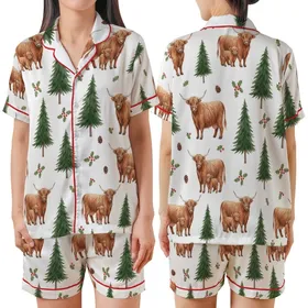 Highland Cow Lover's: Whimsical Watercolor Pine Forest Pattern with Red Holly Berries Satin Short-Sleeve Pajamas Set