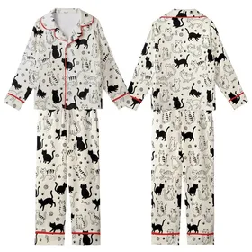 Feline Fanatics Whimsical Black Striped Silhouette Cats Cream Background Everyday Wear Kid Satin Pajamas Set