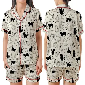 Feline Fanatics Whimsical Black Striped Silhouette Cats Cream Background Everyday Wear Satin Short-Sleeve Pajamas Set