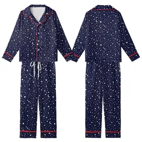 Stargazer's: Scattered White Celestial Pattern Deep Midnight Blue Wearable Kid Satin Pajamas Set