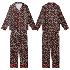 Nature-Inspired Rose Pink Fawn Berry Scatter on Deep Chocolate Brown Custom Print Kid Satin Pajamas Set