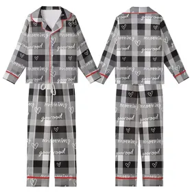 Cozy Rustic Plaid: Black White Gray Good Morning Heart Script Lumberjack Style Kid Satin Pajamas Set