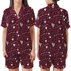 Romantic Hearts: Deep Maroon White Hand-Sketched Hearts & Eternal Love Script Scattered Design Satin Short-Sleeve Pajamas Set