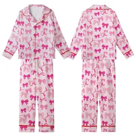 Women's Charming Fuchsia Rose Pink Bows & Ribbons Garment - Pale Pink, Striped & Solid Kid Satin Pajamas Set