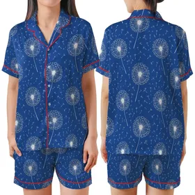 Dandelion Spirit: Flowing White Seeds Delicate Heads Royal Blue Wearable Design Satin Short-Sleeve Pajamas Set