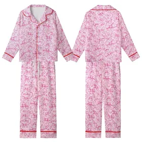 Charming Fashion: Hand-Drawn Fuchsia Bow & Ribbon Pattern - Pastel Pink Wearable Print Kid Satin Pajamas Set